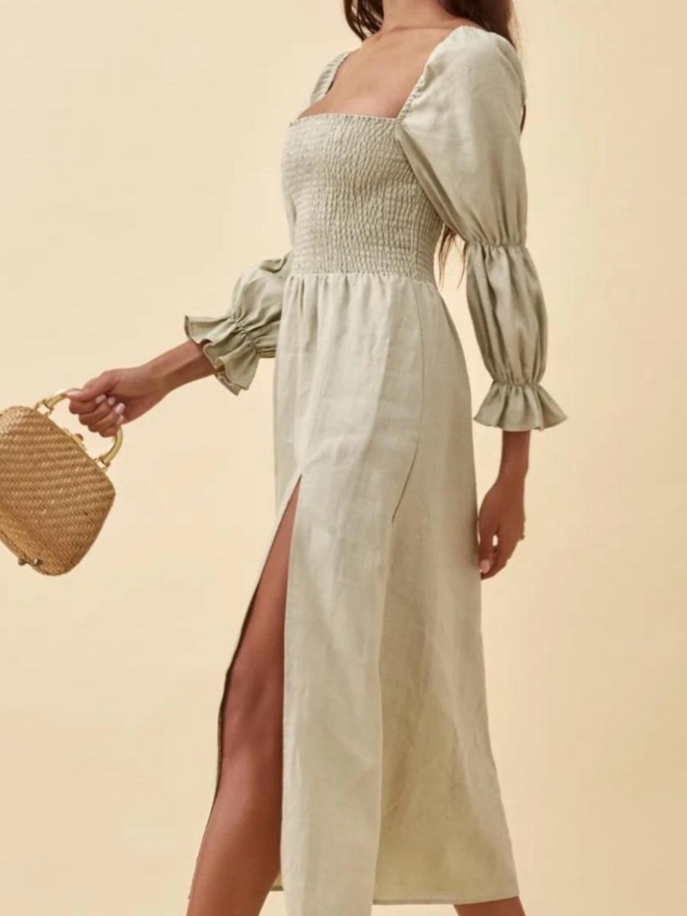 Reformation Sage Green Smocked Maxi Dress with Puff Sleeves. Hyland Linen Dress.